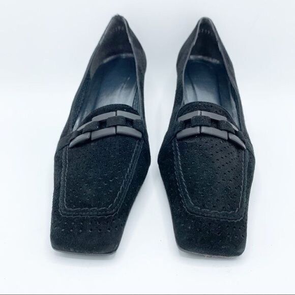 Stuart Weitzman Vintage Perforated Black Suede Heeled Loafers Sz 7 Work Office C - Picture 4 of 12